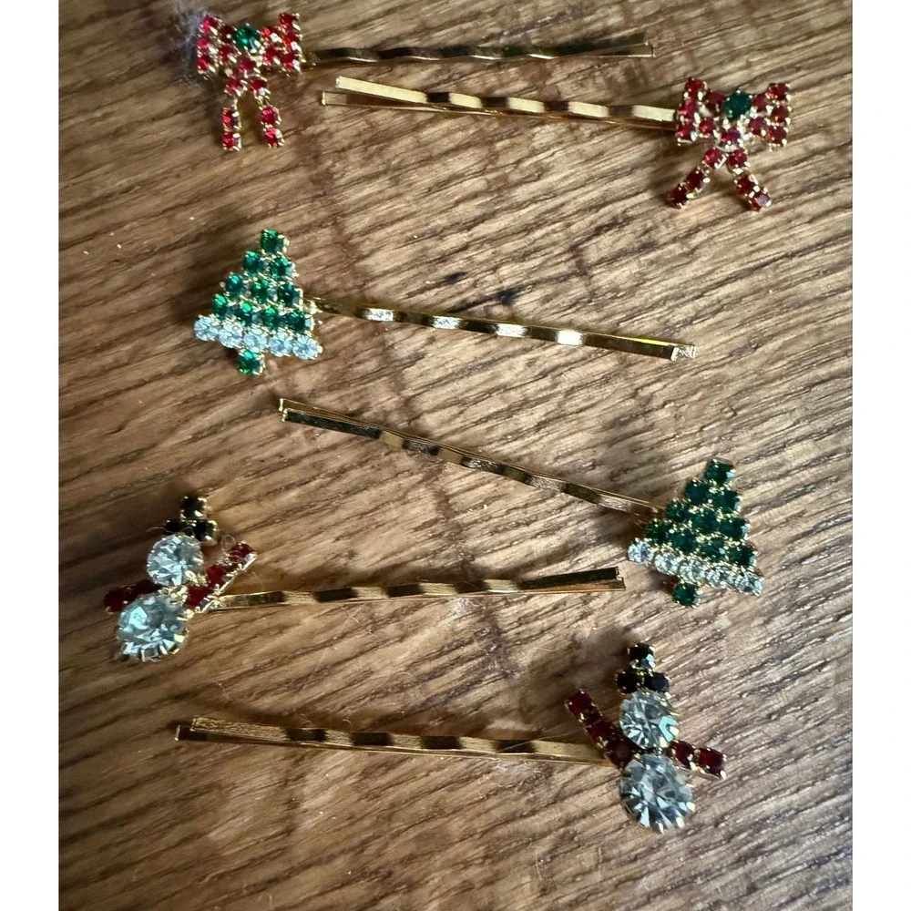 Christmas holiday-bobby pins gold-tone rhinestones-Christmas trees bows snowmen
